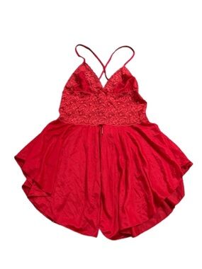 90s European Vintage Paloma Lace Open Front Babydoll Slip Dress (Red) Size S/M